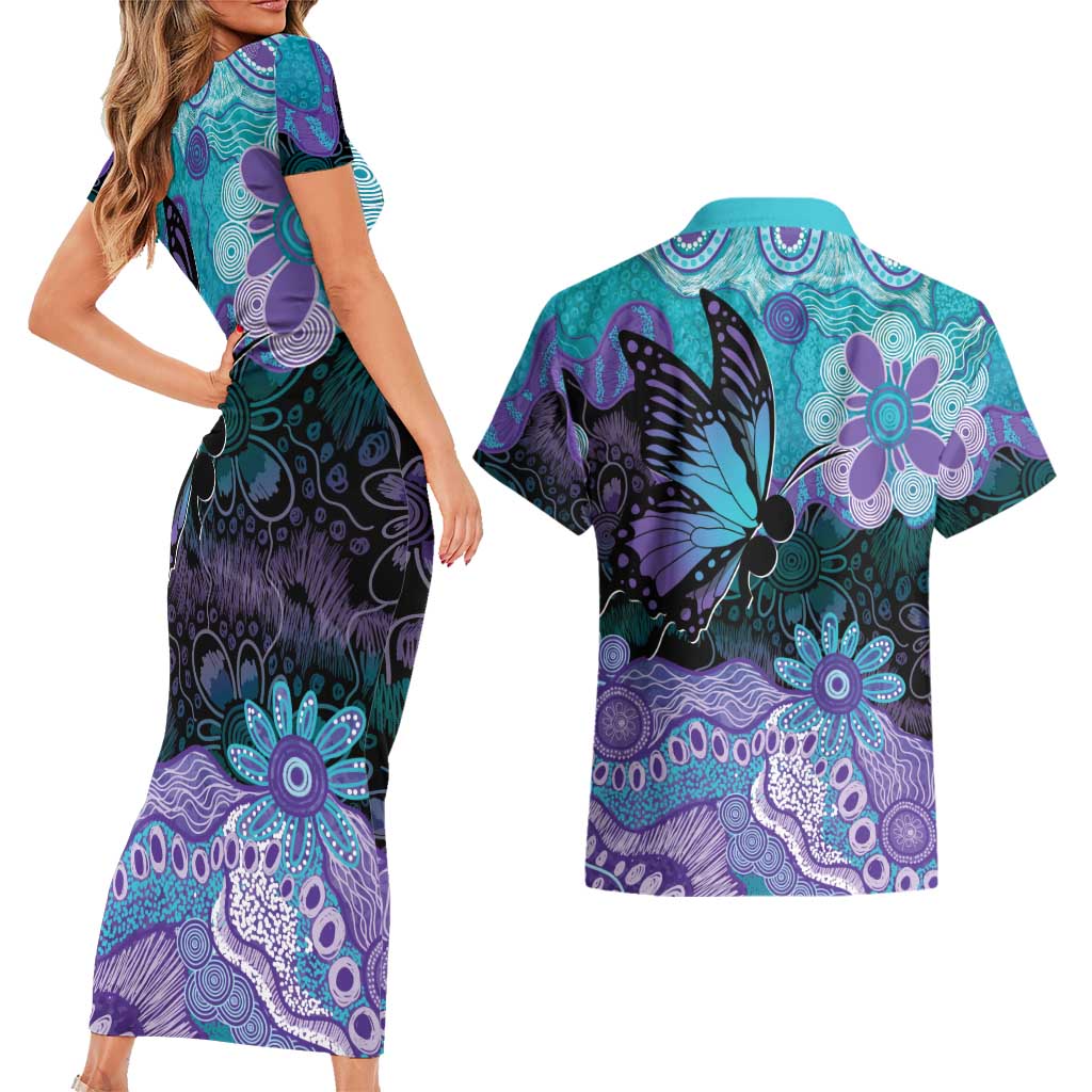 Australia Indigenous Teal Purple Contemporary Aboriginal Art Couples Matching Short Sleeve Bodycon Dress and Hawaiian Shirt Hope Is Real