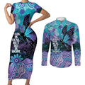 Australia Indigenous Teal Purple Contemporary Aboriginal Art Couples Matching Short Sleeve Bodycon Dress and Long Sleeve Button Shirt Hope Is Real
