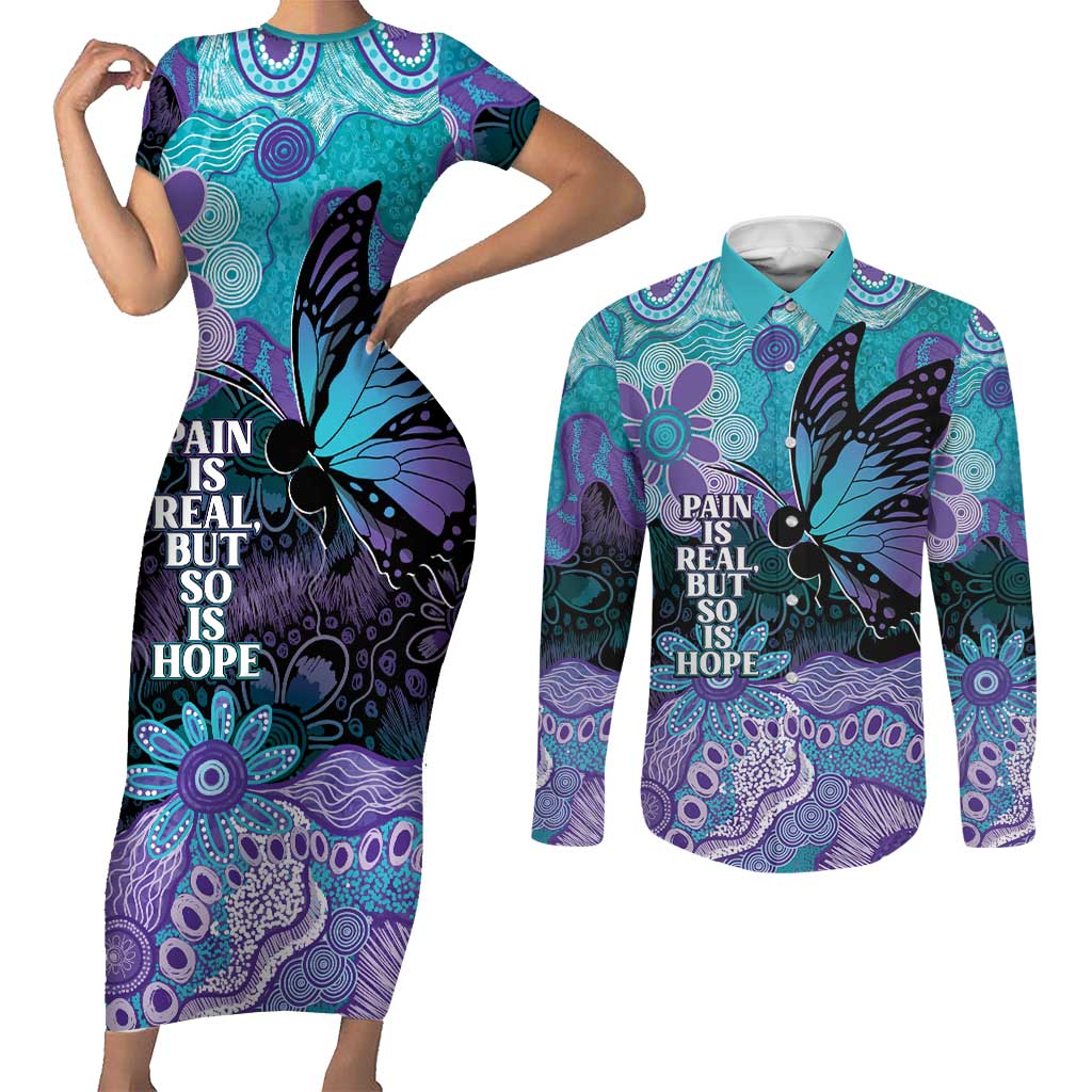 Australia Indigenous Teal Purple Contemporary Aboriginal Art Couples Matching Short Sleeve Bodycon Dress and Long Sleeve Button Shirt Hope Is Real
