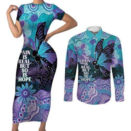Australia Indigenous Teal Purple Contemporary Aboriginal Art Couples Matching Short Sleeve Bodycon Dress and Long Sleeve Button Shirt Hope Is Real