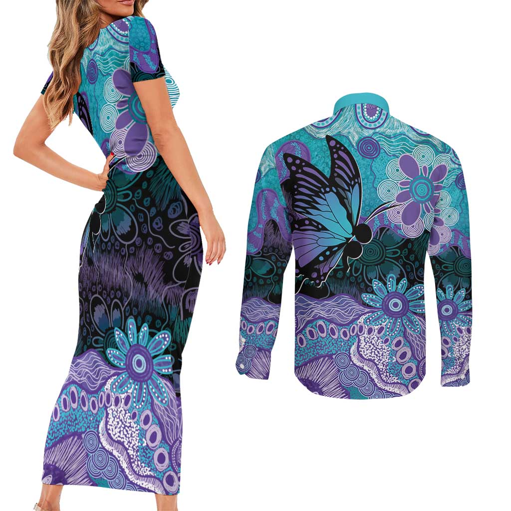 Australia Indigenous Teal Purple Contemporary Aboriginal Art Couples Matching Short Sleeve Bodycon Dress and Long Sleeve Button Shirt Hope Is Real