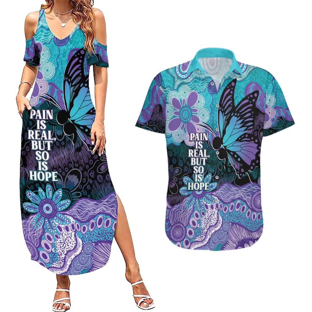 Australia Indigenous Teal Purple Contemporary Aboriginal Art Couples Matching Summer Maxi Dress and Hawaiian Shirt Hope Is Real