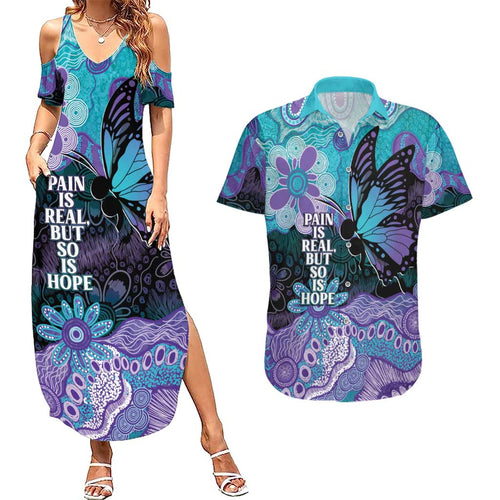Australia Indigenous Teal Purple Contemporary Aboriginal Art Couples Matching Summer Maxi Dress and Hawaiian Shirt Hope Is Real
