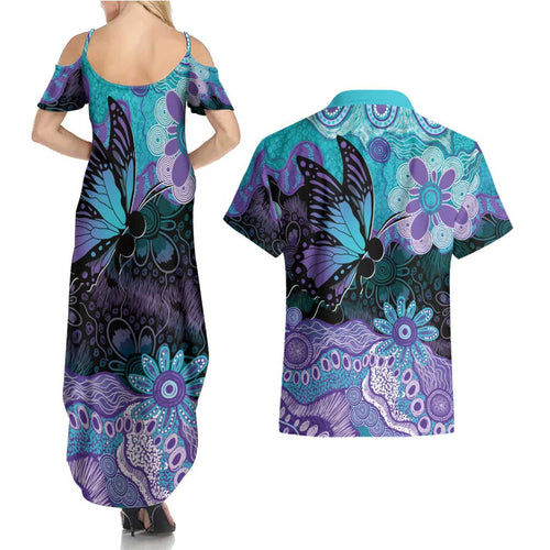 Australia Indigenous Teal Purple Contemporary Aboriginal Art Couples Matching Summer Maxi Dress and Hawaiian Shirt Hope Is Real