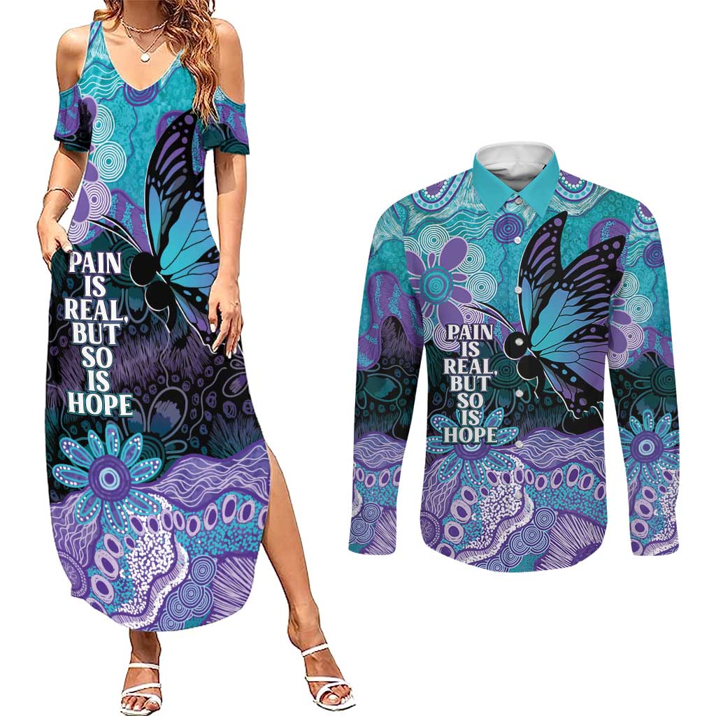 Australia Indigenous Teal Purple Contemporary Aboriginal Art Couples Matching Summer Maxi Dress and Long Sleeve Button Shirt Hope Is Real