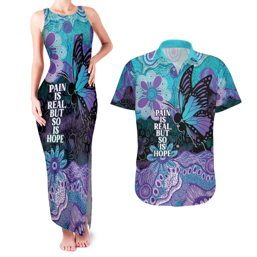 Australia Indigenous Teal Purple Contemporary Aboriginal Art Couples Matching Tank Maxi Dress and Hawaiian Shirt Hope Is Real