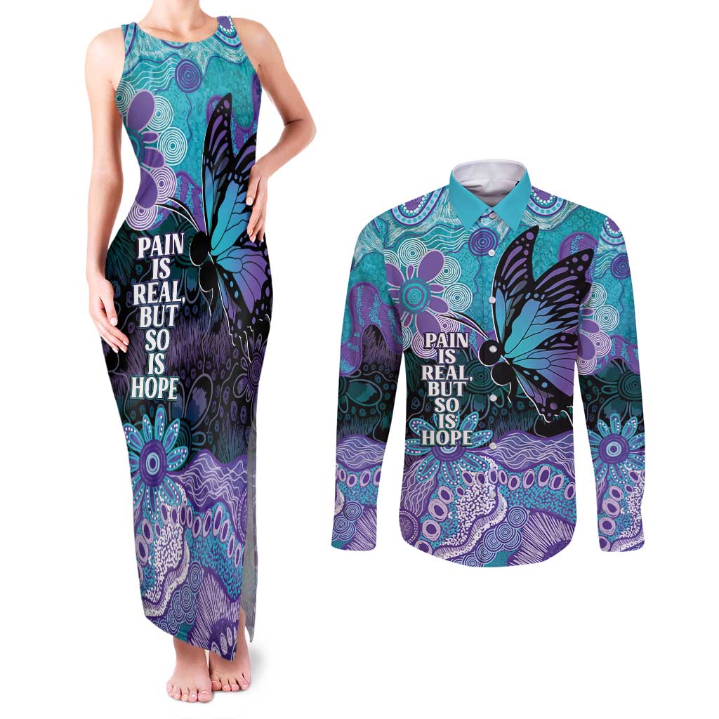 Australia Indigenous Teal Purple Contemporary Aboriginal Art Couples Matching Tank Maxi Dress and Long Sleeve Button Shirt Hope Is Real