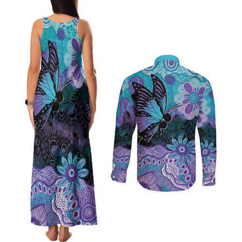 Australia Indigenous Teal Purple Contemporary Aboriginal Art Couples Matching Tank Maxi Dress and Long Sleeve Button Shirt Hope Is Real