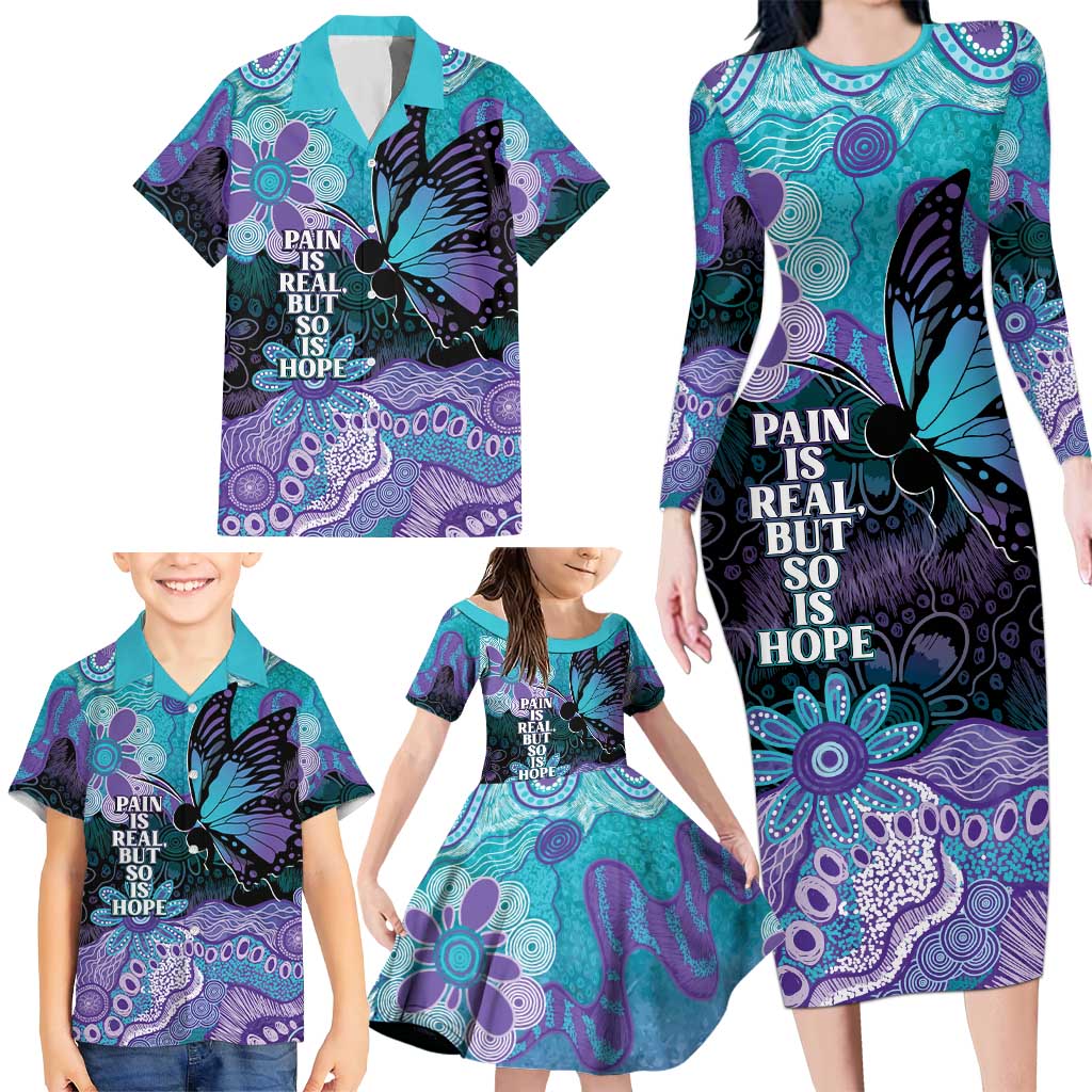 Australia Indigenous Teal Purple Contemporary Aboriginal Art Family Matching Long Sleeve Bodycon Dress and Hawaiian Shirt Hope Is Real