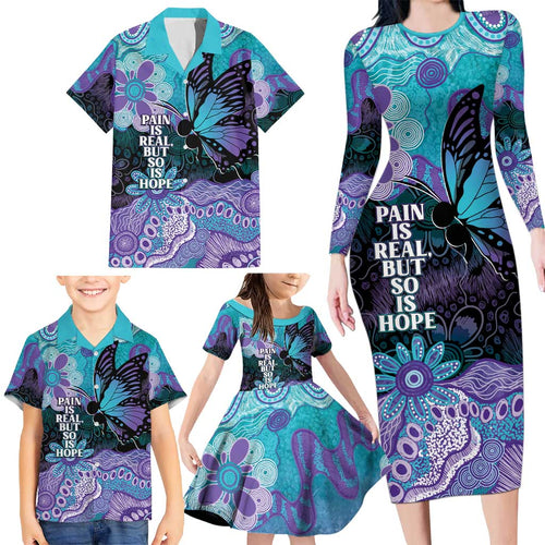 Australia Indigenous Teal Purple Contemporary Aboriginal Art Family Matching Long Sleeve Bodycon Dress and Hawaiian Shirt Hope Is Real
