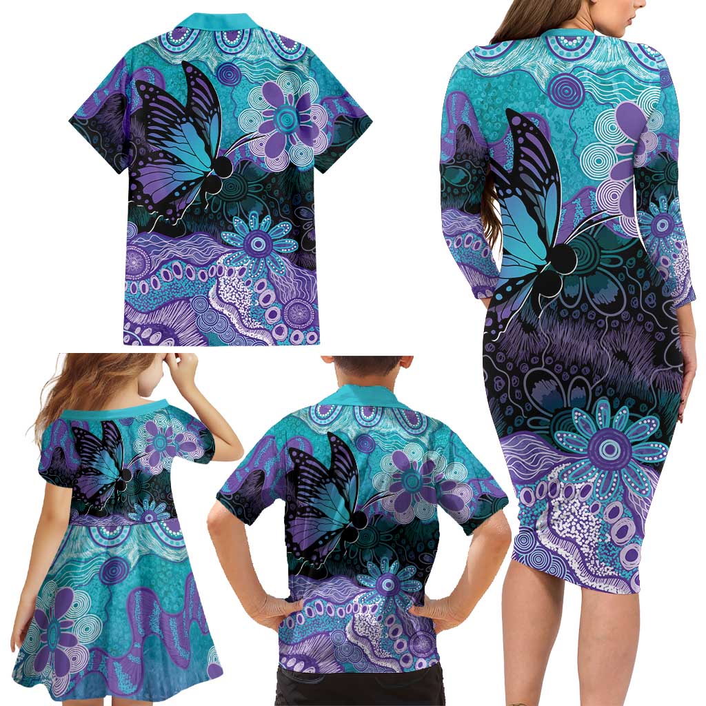 Australia Indigenous Teal Purple Contemporary Aboriginal Art Family Matching Long Sleeve Bodycon Dress and Hawaiian Shirt Hope Is Real