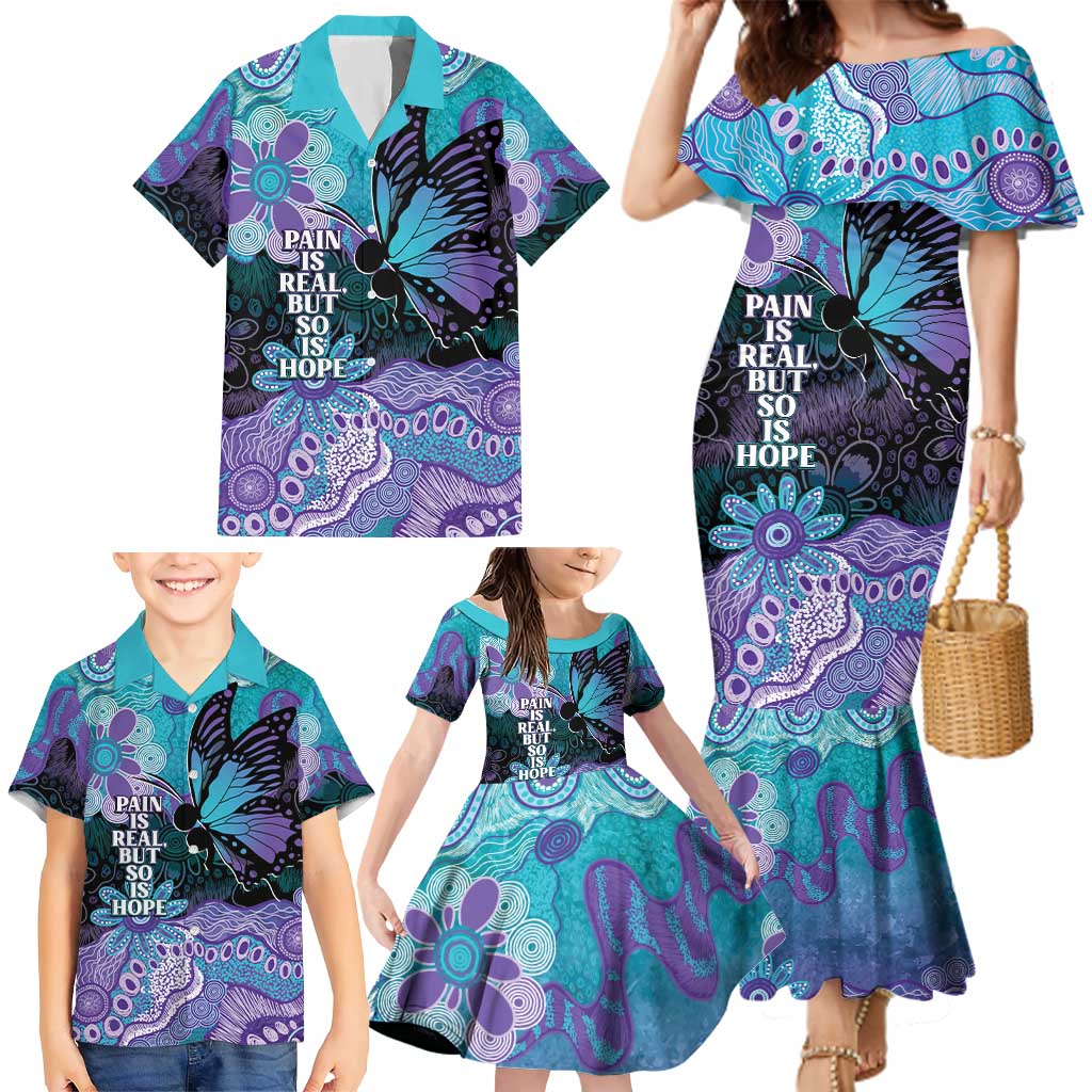 Australia Indigenous Teal Purple Contemporary Aboriginal Art Family Matching Mermaid Dress and Hawaiian Shirt Hope Is Real