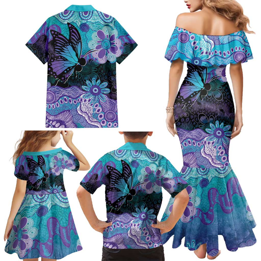 Australia Indigenous Teal Purple Contemporary Aboriginal Art Family Matching Mermaid Dress and Hawaiian Shirt Hope Is Real