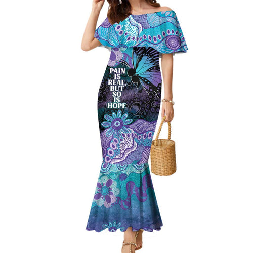 Australia Indigenous Teal Purple Contemporary Aboriginal Art Family Matching Mermaid Dress and Hawaiian Shirt Hope Is Real