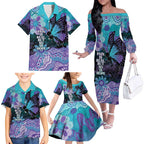 Australia Indigenous Teal Purple Contemporary Aboriginal Art Family Matching Off The Shoulder Long Sleeve Dress and Hawaiian Shirt Hope Is Real