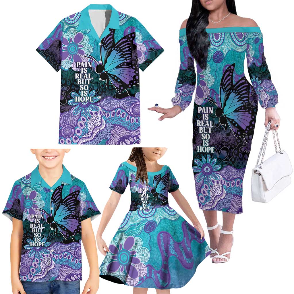Australia Indigenous Teal Purple Contemporary Aboriginal Art Family Matching Off The Shoulder Long Sleeve Dress and Hawaiian Shirt Hope Is Real