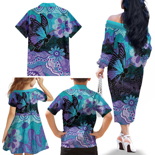 Australia Indigenous Teal Purple Contemporary Aboriginal Art Family Matching Off The Shoulder Long Sleeve Dress and Hawaiian Shirt Hope Is Real