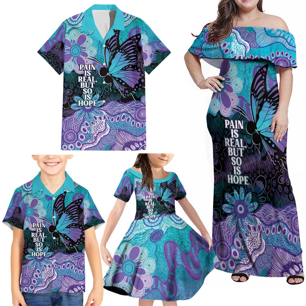 Australia Indigenous Teal Purple Contemporary Aboriginal Art Family Matching Off Shoulder Maxi Dress and Hawaiian Shirt Hope Is Real