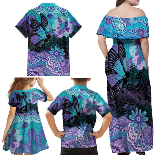 Australia Indigenous Teal Purple Contemporary Aboriginal Art Family Matching Off Shoulder Maxi Dress and Hawaiian Shirt Hope Is Real