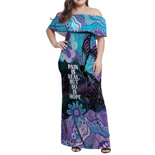 Australia Indigenous Teal Purple Contemporary Aboriginal Art Family Matching Off Shoulder Maxi Dress and Hawaiian Shirt Hope Is Real