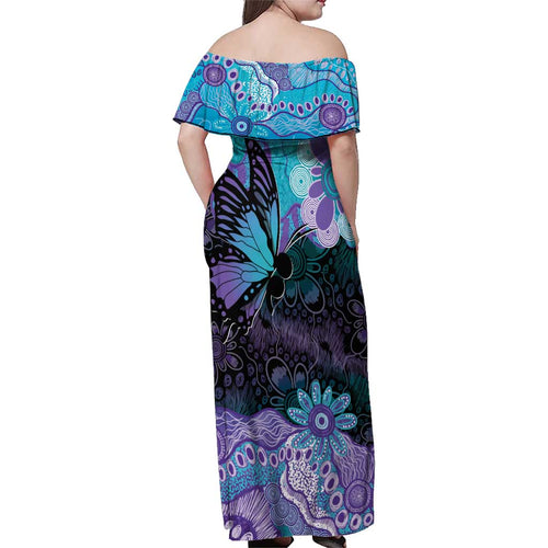 Australia Indigenous Teal Purple Contemporary Aboriginal Art Family Matching Off Shoulder Maxi Dress and Hawaiian Shirt Hope Is Real