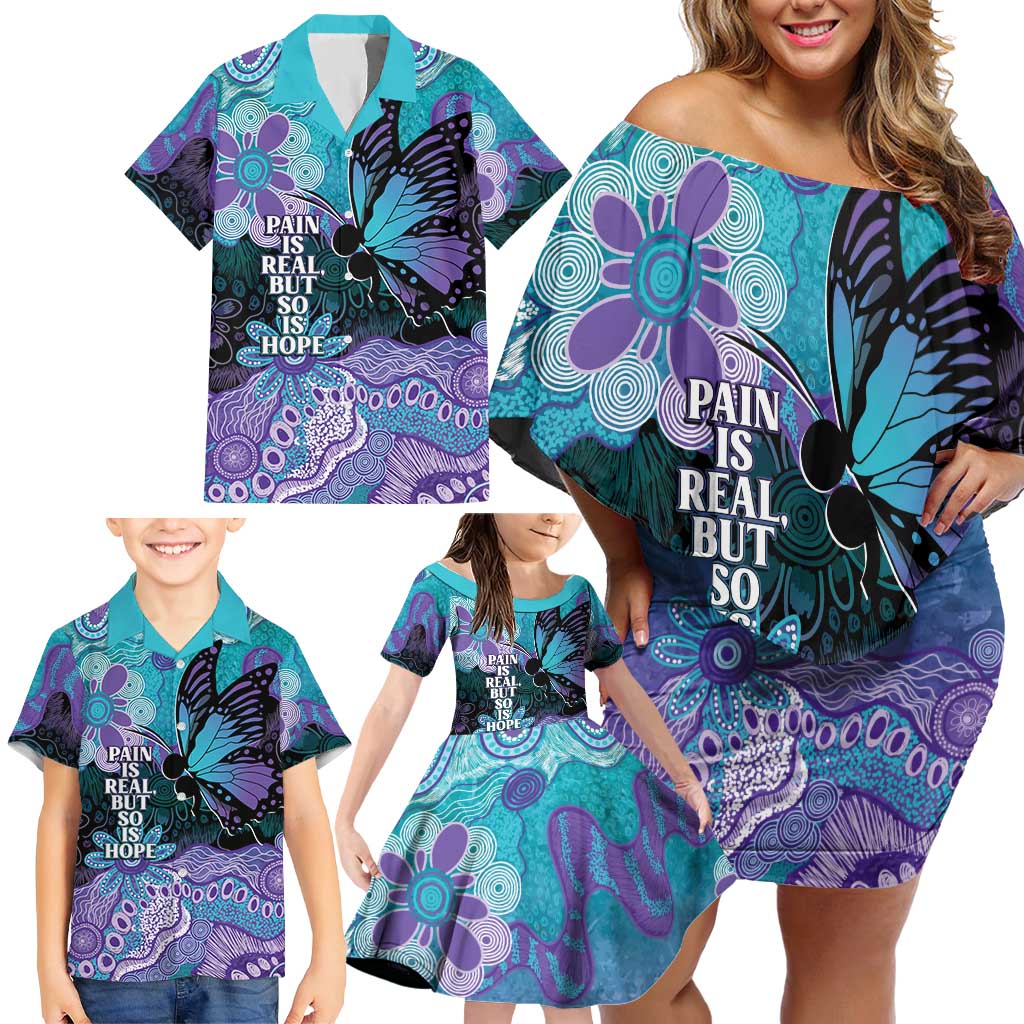Australia Indigenous Teal Purple Contemporary Aboriginal Art Family Matching Off Shoulder Short Dress and Hawaiian Shirt Hope Is Real