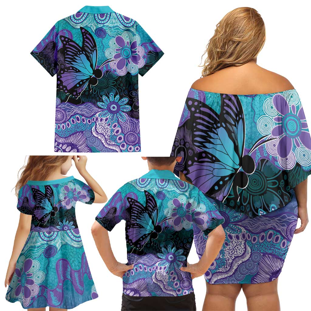Australia Indigenous Teal Purple Contemporary Aboriginal Art Family Matching Off Shoulder Short Dress and Hawaiian Shirt Hope Is Real