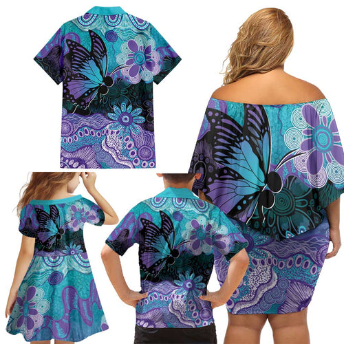 Australia Indigenous Teal Purple Contemporary Aboriginal Art Family Matching Off Shoulder Short Dress and Hawaiian Shirt Hope Is Real