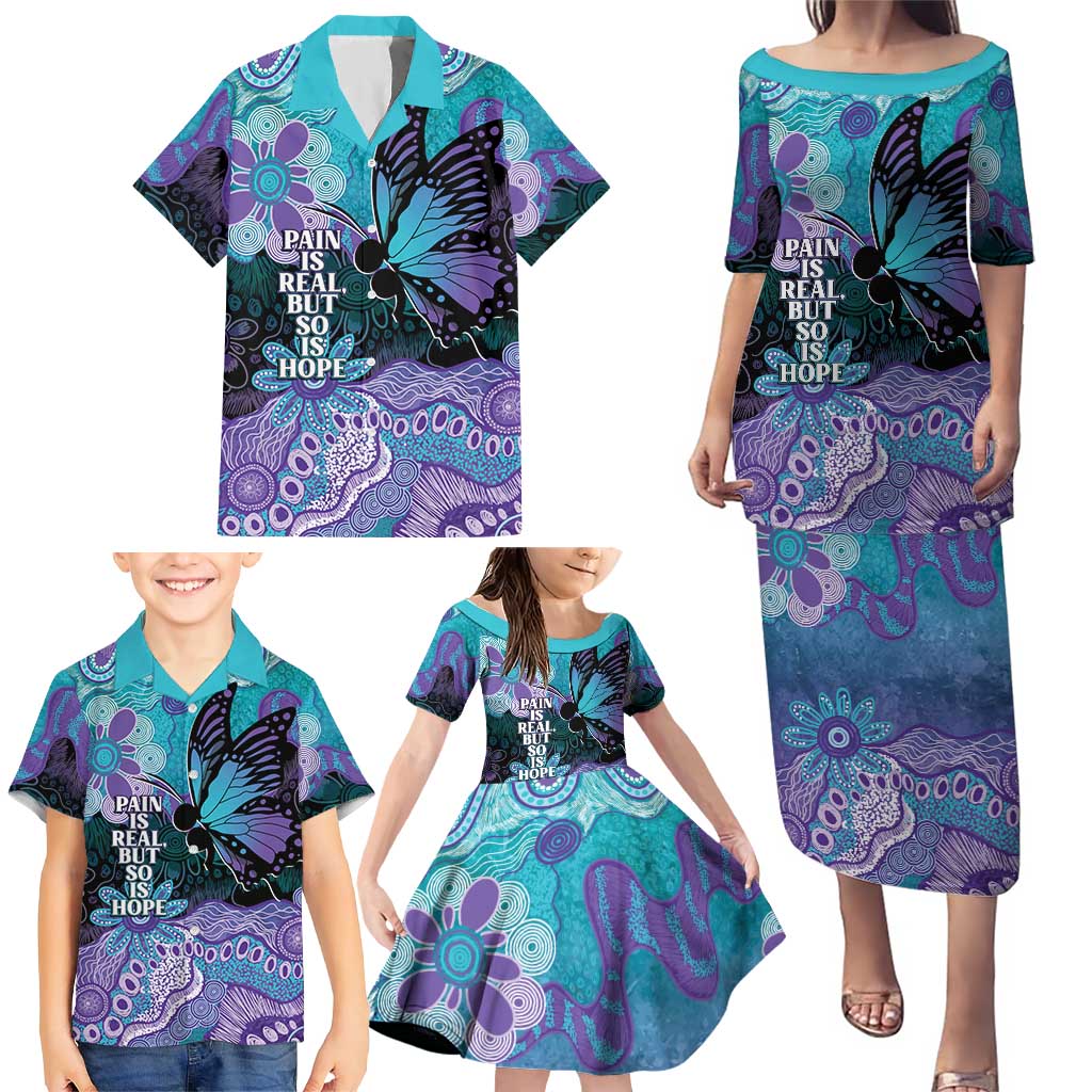 Australia Indigenous Teal Purple Contemporary Aboriginal Art Family Matching Puletasi and Hawaiian Shirt Hope Is Real