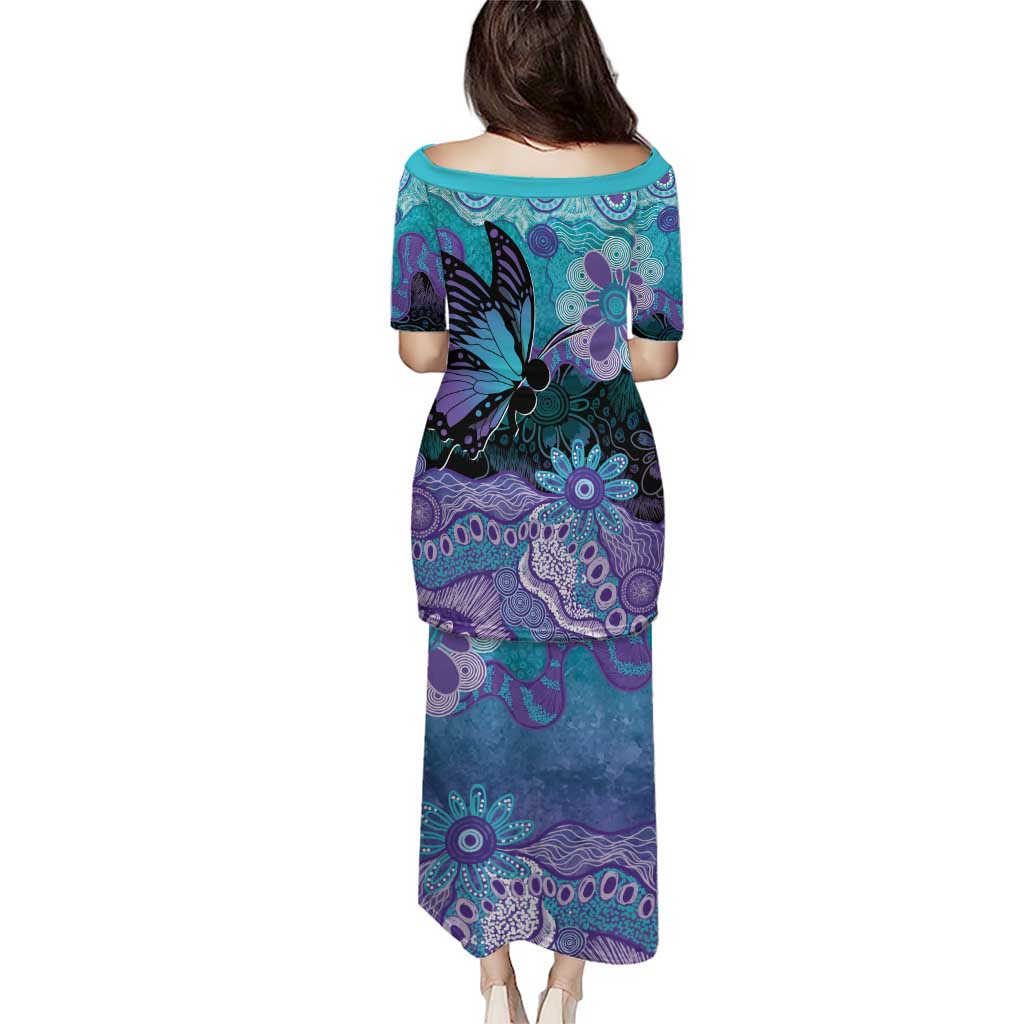 Australia Indigenous Teal Purple Contemporary Aboriginal Art Family Matching Puletasi and Hawaiian Shirt Hope Is Real
