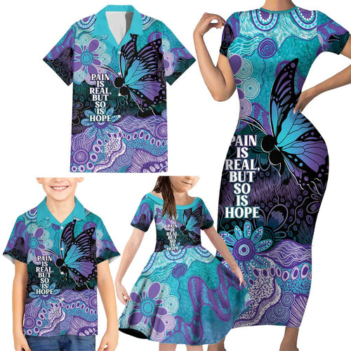 Australia Indigenous Teal Purple Contemporary Aboriginal Art Family Matching Short Sleeve Bodycon Dress and Hawaiian Shirt Hope Is Real