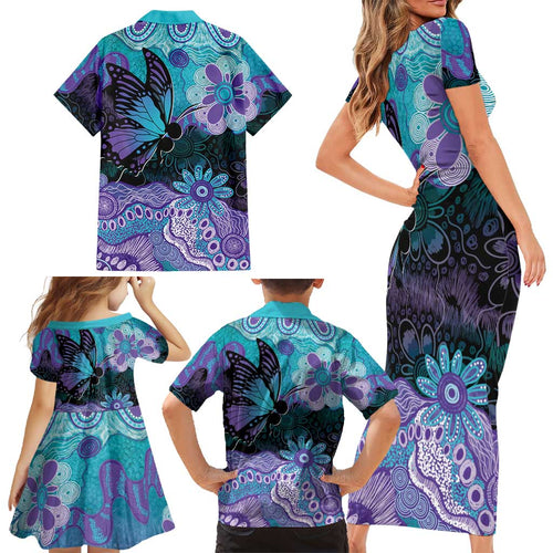 Australia Indigenous Teal Purple Contemporary Aboriginal Art Family Matching Short Sleeve Bodycon Dress and Hawaiian Shirt Hope Is Real