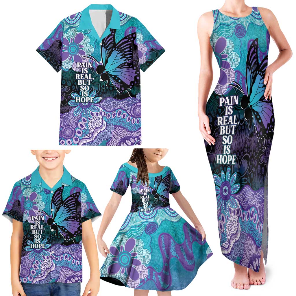 Australia Indigenous Teal Purple Contemporary Aboriginal Art Family Matching Tank Maxi Dress and Hawaiian Shirt Hope Is Real