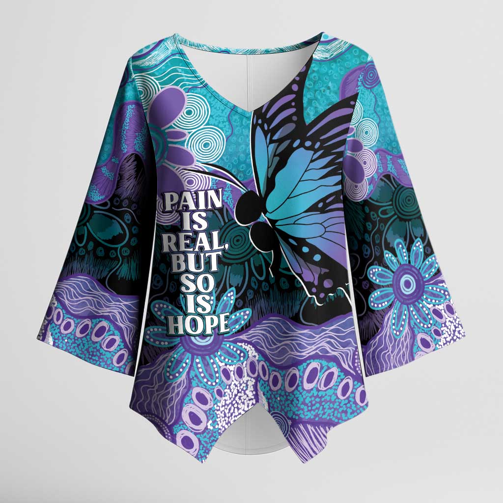 Australia Indigenous Teal Purple Contemporary Aboriginal Art Kimono Sleeve Blouse Hope Is Real