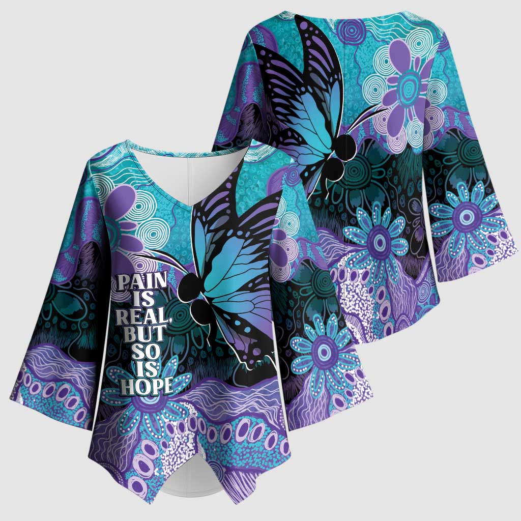 Australia Indigenous Teal Purple Contemporary Aboriginal Art Kimono Sleeve Blouse Hope Is Real