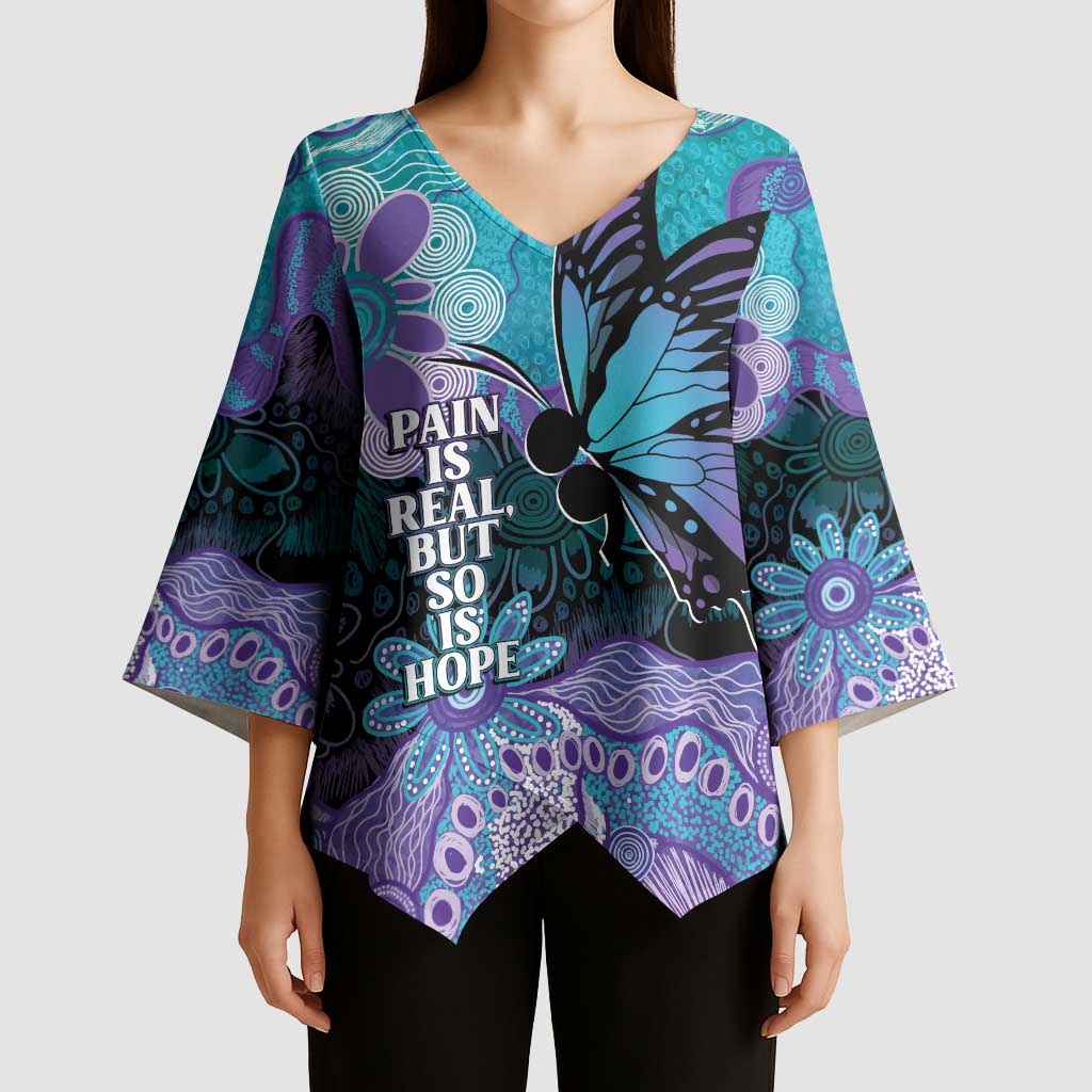 Australia Indigenous Teal Purple Contemporary Aboriginal Art Kimono Sleeve Blouse Hope Is Real