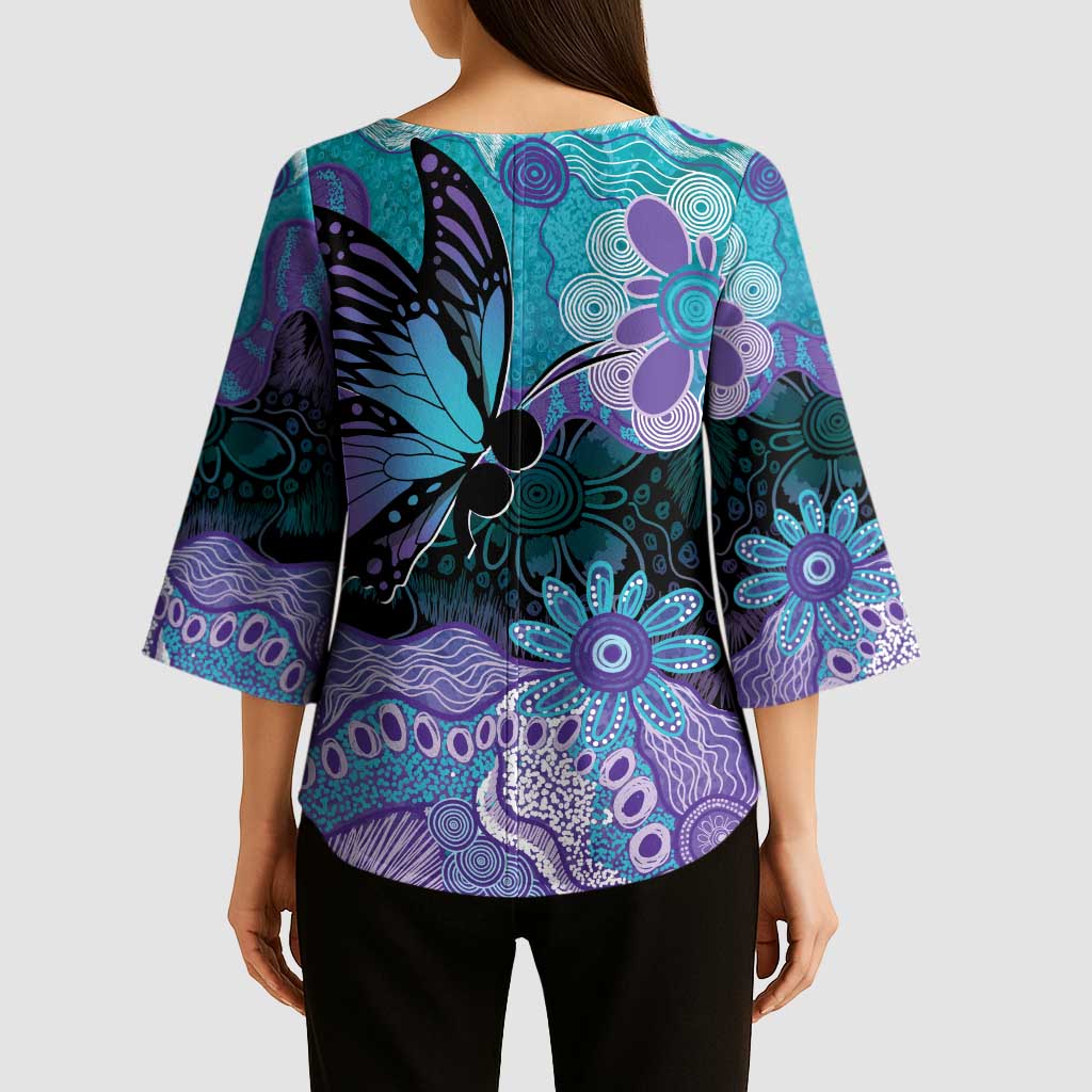 Australia Indigenous Teal Purple Contemporary Aboriginal Art Kimono Sleeve Blouse Hope Is Real