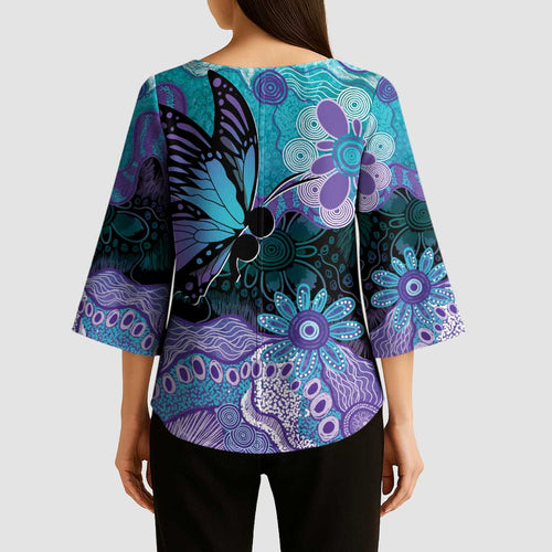 Australia Indigenous Teal Purple Contemporary Aboriginal Art Kimono Sleeve Blouse Hope Is Real