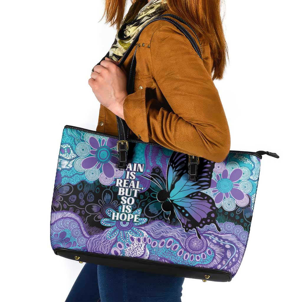 Australia Indigenous Teal Purple Contemporary Aboriginal Art Leather Tote Bag Hope Is Real