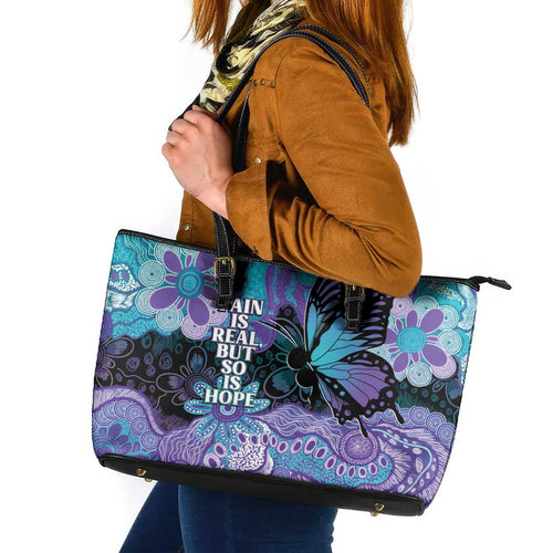 Australia Indigenous Teal Purple Contemporary Aboriginal Art Leather Tote Bag Hope Is Real