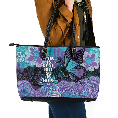 Australia Indigenous Teal Purple Contemporary Aboriginal Art Leather Tote Bag Hope Is Real