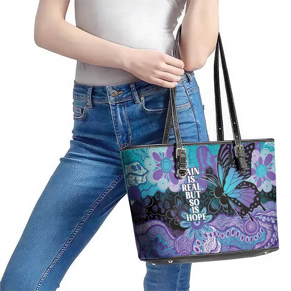 Australia Indigenous Teal Purple Contemporary Aboriginal Art Leather Tote Bag Hope Is Real