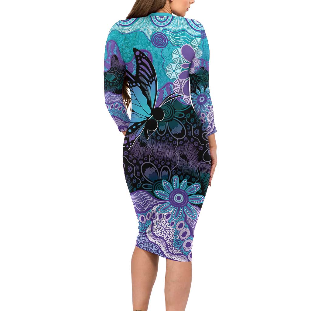 Australia Indigenous Teal Purple Contemporary Aboriginal Art Long Sleeve Bodycon Dress Hope Is Real