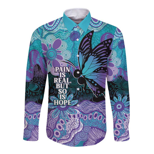 Australia Indigenous Teal Purple Contemporary Aboriginal Art Long Sleeve Button Shirt Hope Is Real