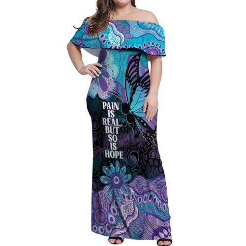 Australia Indigenous Teal Purple Contemporary Aboriginal Art Off Shoulder Maxi Dress Hope Is Real