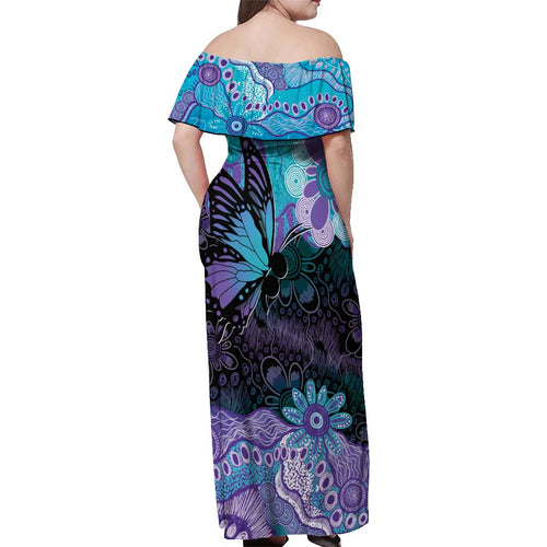 Australia Indigenous Teal Purple Contemporary Aboriginal Art Off Shoulder Maxi Dress Hope Is Real