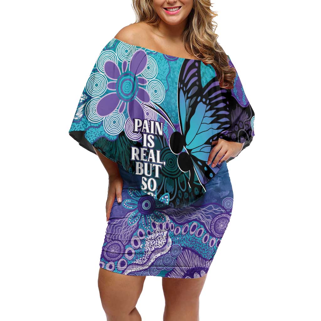 Australia Indigenous Teal Purple Contemporary Aboriginal Art Off Shoulder Short Dress Hope Is Real