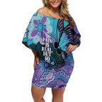 Australia Indigenous Teal Purple Contemporary Aboriginal Art Off Shoulder Short Dress Hope Is Real