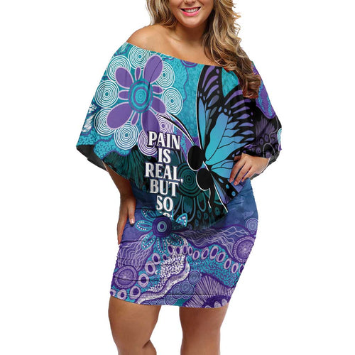 Australia Indigenous Teal Purple Contemporary Aboriginal Art Off Shoulder Short Dress Hope Is Real