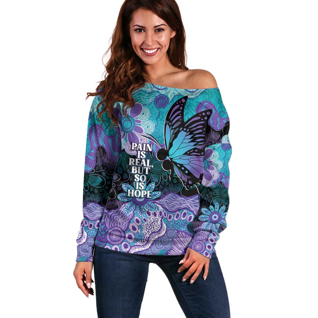 Australia Indigenous Teal Purple Contemporary Aboriginal Art Off Shoulder Sweater Hope Is Real